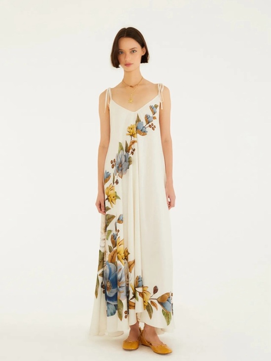 FARM Rio Dresses & Skirts - FARM Rio Cream Maxi Dress with Blue & Yellow Floral Print